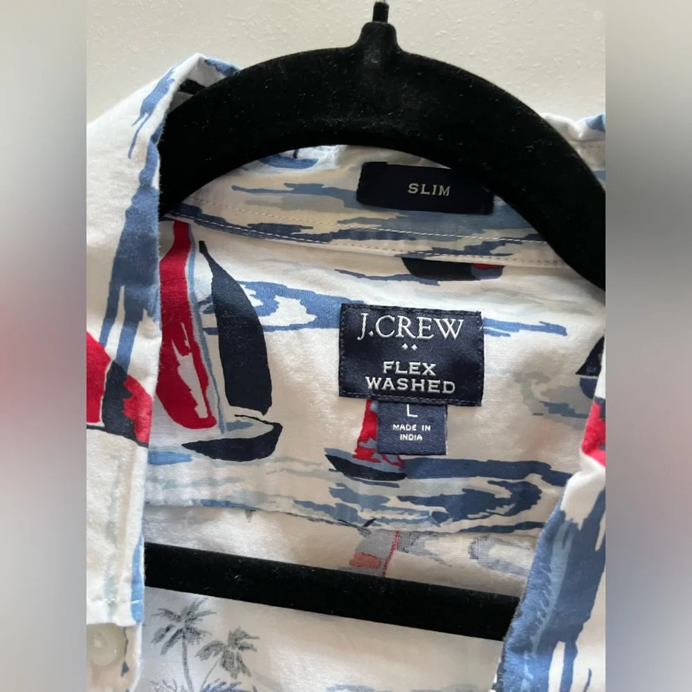 - J. Crew Flex Washed Slim Fit Nautical Sailboat Short Sleeve Button Down L